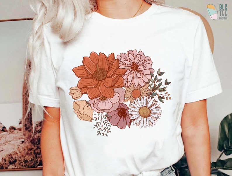 Retro Boho Magic Flower Wildflower Nature Botanical Shirt, Fall Autumn Cottagecore Gardener Shirt for Women, Minimal Hippie Goblincore Tee White