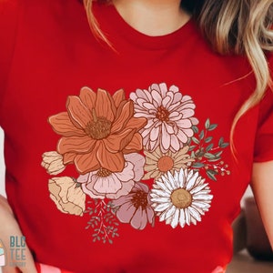 Retro Boho Magic Flower Wildflower Nature Botanical Shirt, Fall Autumn Cottagecore Gardener Shirt for Women, Minimal Hippie Goblincore Tee Red