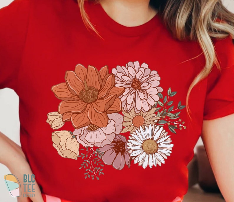 Retro Boho Magic Flower Wildflower Natuur Botanisch Shirt, Herfst Herfst Cottagecore Gardener Shirt voor dames, Minimal Hippie Goblincore Tee Rood