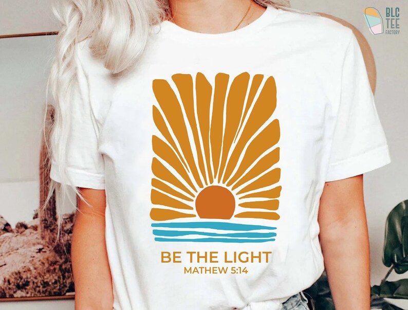 Retro Be The Light Mathew 5:14 Christian T-Shirt, Bible Verse Sunburst Flower Sea Sun Religious Jesus God Shirt,Inspirational Blessed Tee image 1