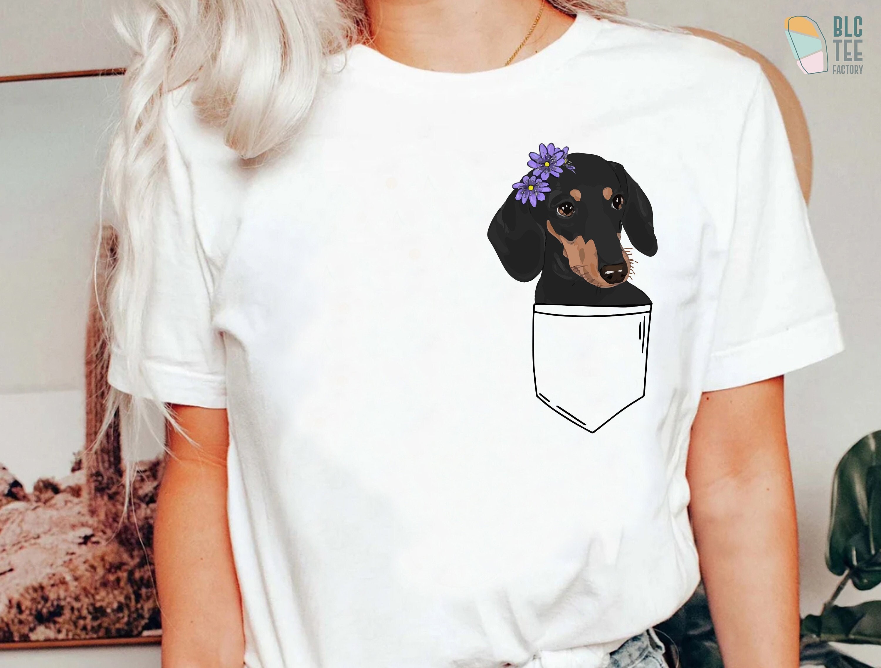 Trendy Sausage Dog Pocket T-Shirt, Cute Sausage Dog Flowers Shirt, Dog Owner Tee, Dog Mom and Dog Dad T Shirt, Paw Animal Dog Pet Lover Gift
