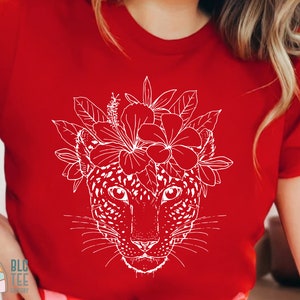 Boho flores gato salvaje guepardo leopardo cara camiseta de moda, bosque tropical floral botánico gato salvaje camisa de animales, camiseta de viaje Jungle Safari Rojo