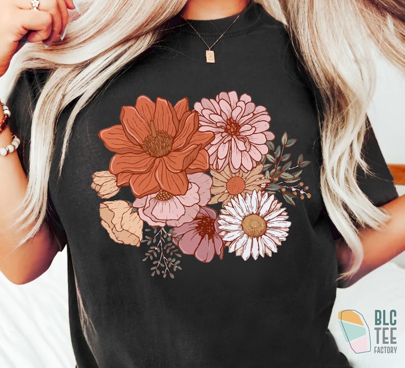 Retro Boho Magic Flower Wildflower Natuur Botanisch Shirt, Herfst Herfst Cottagecore Gardener Shirt voor dames, Minimal Hippie Goblincore Tee Zwart