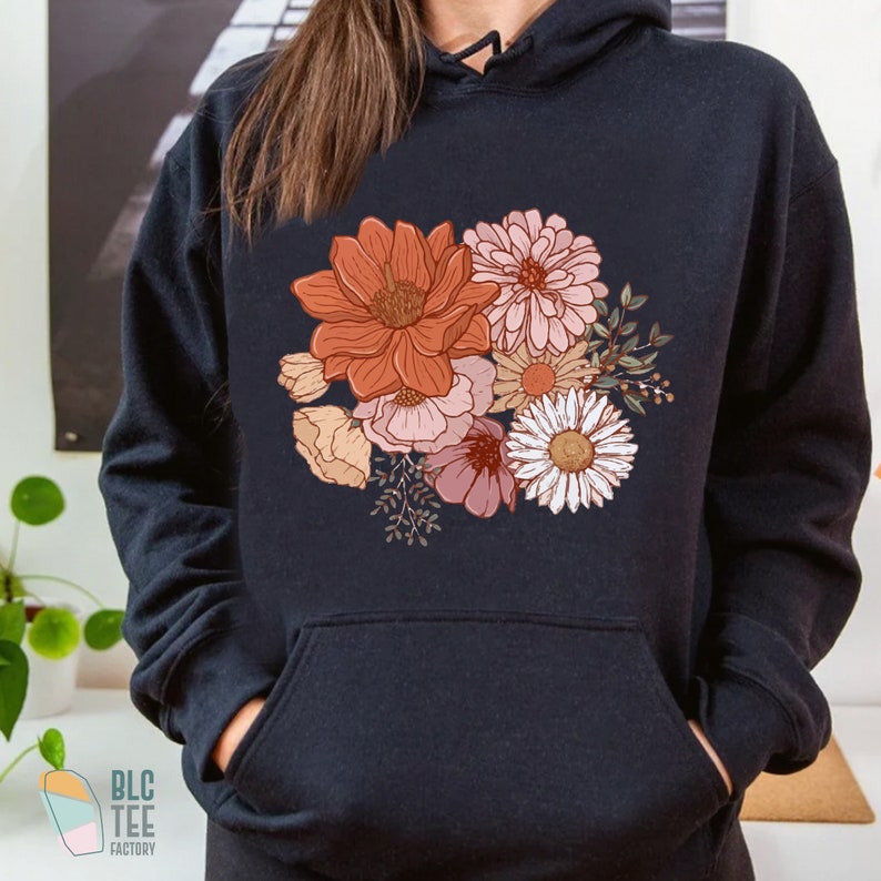 Retro Boho Magic Flower Wildflower Natur Botanisches Shirt, Herbst Cottagecore Gärtner Shirt für Frauen, Minimal Hippie Goblincore T-Shirt Navy