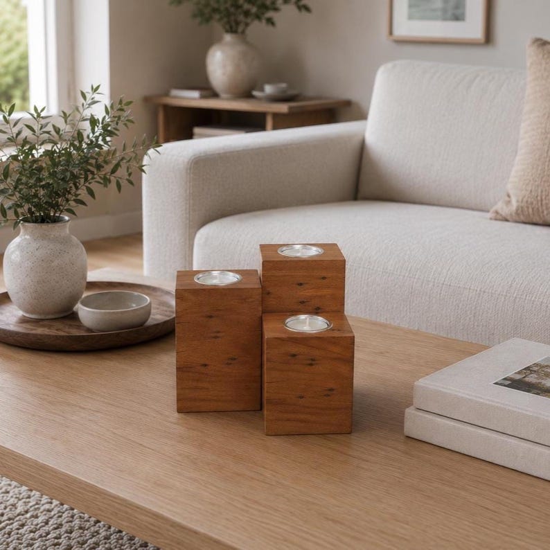 May include: A set of three stacked rectangular wooden candle holders made from natural brown wood with visible grain patterns. Each block features a circular metal insert at the top designed to hold a small tea light candle securely in place.