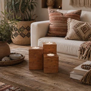 May include: A set of three square wooden candle holders of varying heights, each featuring a circular metal insert holding a lit tea light candle. The natural wood grain is visible on the surfaces of the blocks, which are arranged in a cluster.