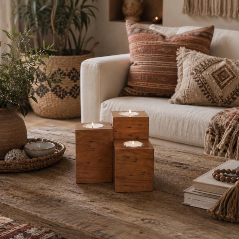 May include: A set of three square wooden candle holders of varying heights, each featuring a circular metal insert holding a lit tea light candle. The natural wood grain is visible on the surfaces of the blocks, which are arranged in a cluster.