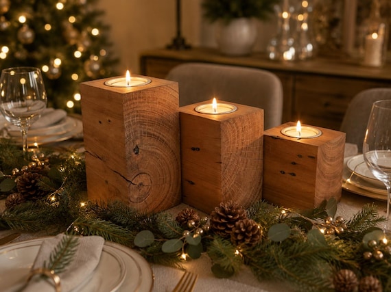 Handmade Reclaimed Wood Candle Holder set of 3 - Christmas Table Decor