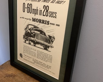 Impresión de arte publicitario original enmarcada de Morris Minor 1957, regalo de cumpleaños, anuncios de autos antiguos, autos clásicos, cueva del hombre (A89)