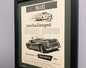 Stampa incorniciata originale del TRIUMPH TR3 del 1958, perfetto come augurio di compleanno per tutti gli appassionati di auto classiche Triumph. (A10)
