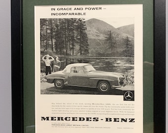 Impression d&#39;art mural publicité originale encadrée Mercedes-Benz 190 SL originale de 1960, excellent cadeau d&#39;anniversaire pour homme des cavernes de voiture classique de bureau à domicile (A7)