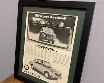 BMW 2002 - 1970 Affiche publicitaire encadrée imprimée d&#39;art mural, cadeau d&#39;anniversaire, voiture classique, à afficher dans la maison, le bureau, l&#39;homme des cavernes (A166)