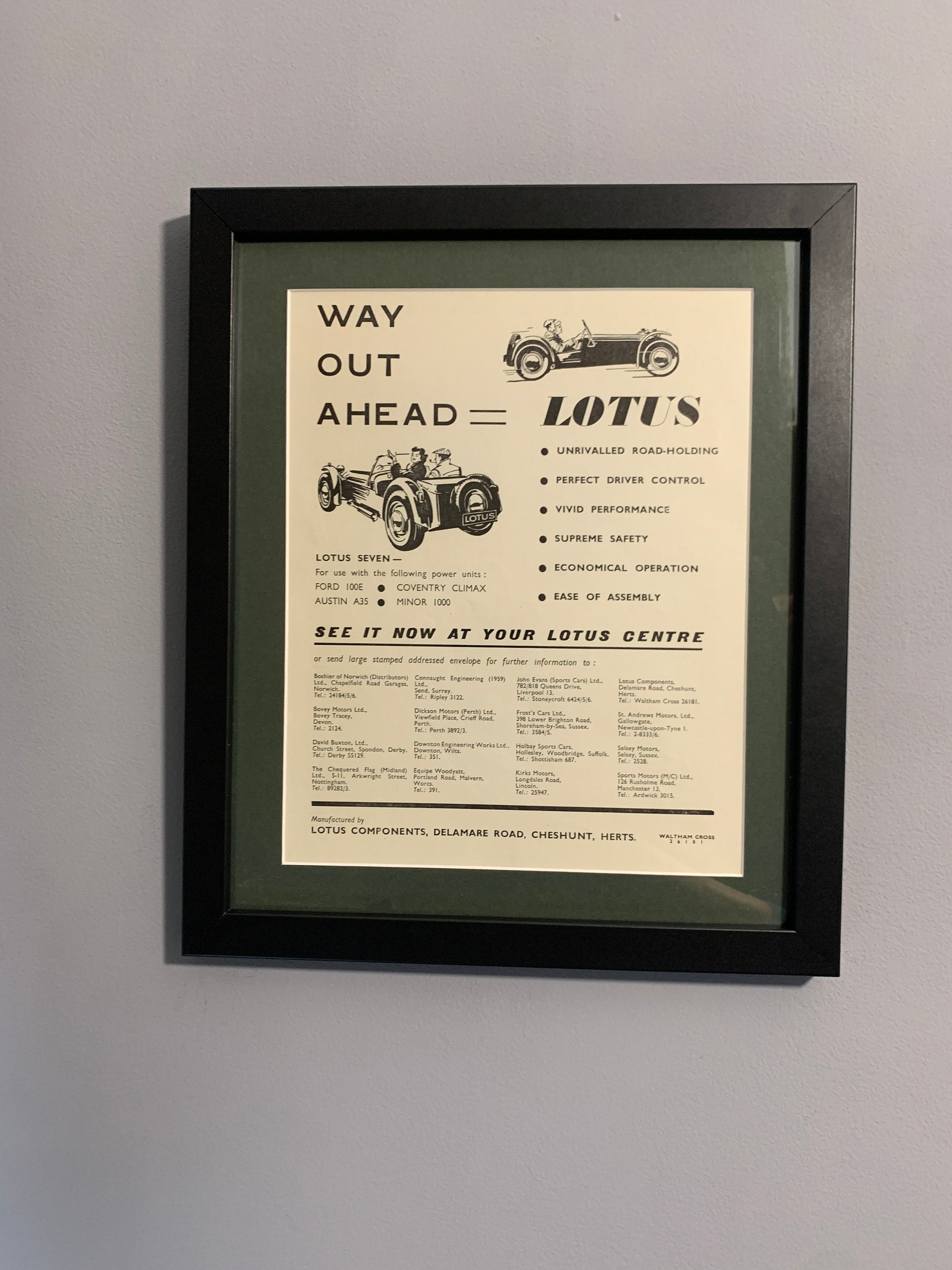 LOTUS SEVEN 1960 Framed Advertising Wall Art Print Poster, Fathers Day Gift for Classic Car