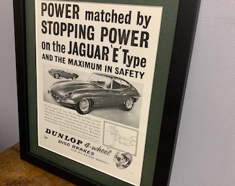 JAGUAR E-Type Dunlop 1961 Framed original advertising wall art print, Birthday gift, classic car, home man cave (A294)