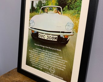 TRIUMPH SPITFIRE 1974 Stampa artistica da parete pubblicitaria originale con cornice, Compleanno per esposizione di auto d'epoca, ufficio domestico (A29)
