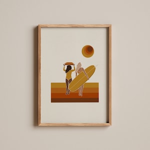 A4 Kunstdruck | Retro Surf Kunstdruck | Retro Surfkunst | Boho Surfer Mädchen | Wandkunst | Geschenk für Surfer | Poster Boho Mädchen | retro Farbdrucke