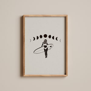 Lámina artística A4 / Ilustración de niño lunar / Arte de pared de surf retro / Impresión de surf bohemia / Decoración de casa de playa / Póster de olas del océano