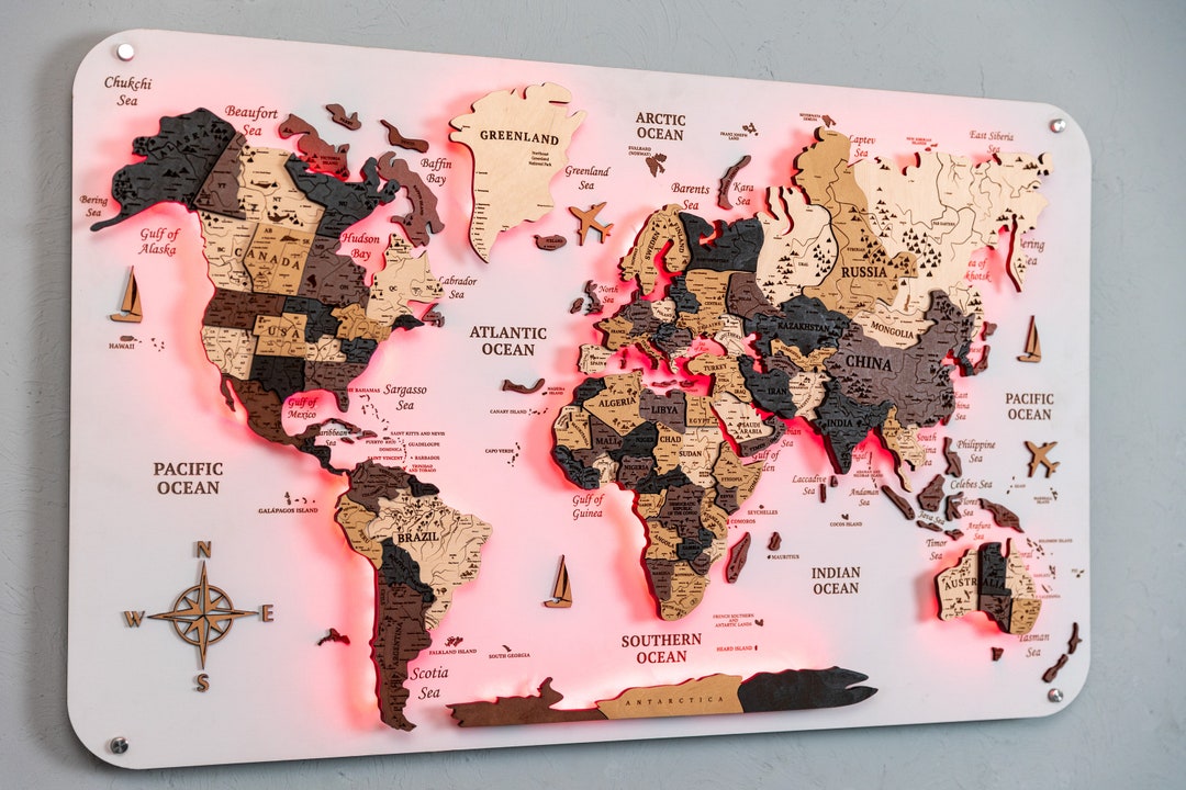 Wood Wall Map Led Backlight, Modern World Map Couples Gift, Adventure