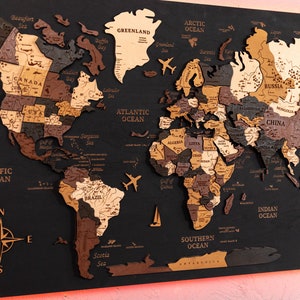 3D Holz Weltkarte auf schwarzer Leinwand Pin, Weltkarte Wand Kunst, Reise Karte 5 Jahre. Einweihungsparty Geschenk Moderne Weltkarte Wandkunst