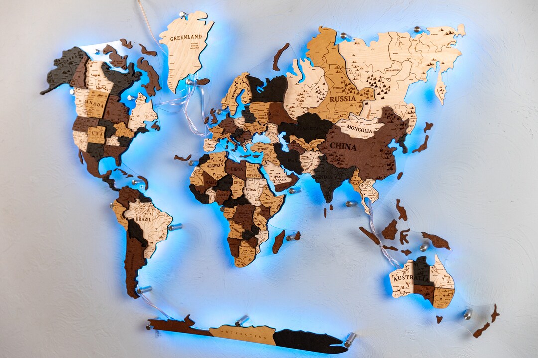Led World Map Push Pin, Adventures Map Couples Gift, Home Decor Wooden ...