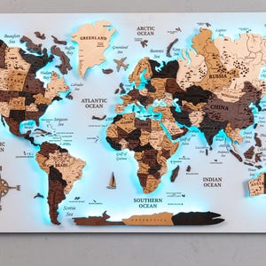 3D Led World Map, Unique World Map on Canvas, Handmade Push Pin World Map, Above Bed Decor, Travel Map Gift
