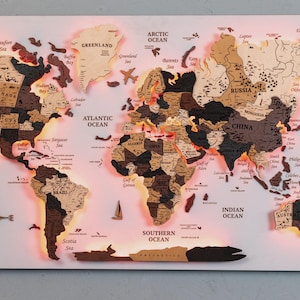 Custom Wooden World Map: Push Pin Travel Tracker, LED Option