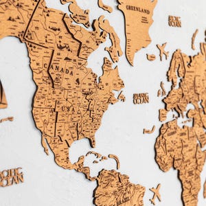Mapas de viajes del mundo, mapa de corcho 3D, mapa de madera hecho a mano, regalo de inauguración de la casa, decoración de pared con mapa del mundo cortado a láser
