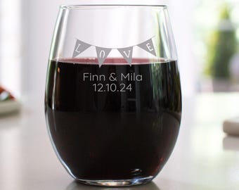 Etched Stemless Wine Glasses: Personalized Wedding Favor, 12 oz