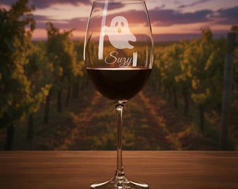 18oz Stemmed Wine Glass – Halloween Ghost Design – Etched Personalized Glassware