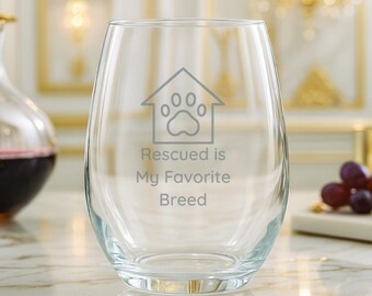 Etched Stemless Wine Glass: Rescue Dog Lover Gift