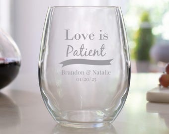 Etched Stemless Wine Glasses: Personalized Wedding Favor, 12 oz