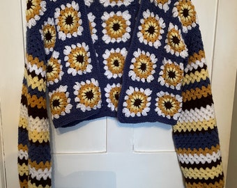 Sunflower retro long sleeved crochet shrug