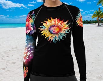 Boho Sunflower Women's Rash Guard, SPF 50+, Swimwear for Women, Rashguard, Scuba Diving, Beach, Cruise, Lake, Boat, Workout, Water Sports