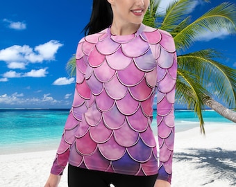 Pink Mermaid Women's Rash Guard, SPF 50+, Swimwear for Women, Rashguard, Scuba Diving, Beach, Cruise, Lake, Boat, Workout, Water Sports