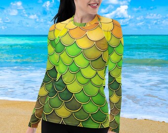 Green Mermaid Women's Rash Guard, SPF 50+, Swimwear for Women, Rashguard, Scuba Diving, Beach, Cruise, Lake, Boat, Workout, Water Sports