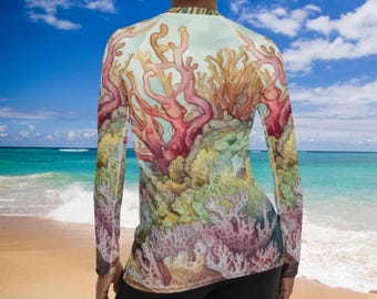 Coral Reef 2 Women's Rash Guard, SPF 50+, Swimwear for Women, Rashguard, Scuba Diving, Beach, Cruise, Lake, Boat, Workout, Water Sports