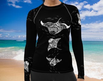 Tattoo Manta Ray Women's Rash Guard, SPF 50+, Swimwear for Women, Rashguard, Scuba Diving, Beach, Cruise, Lake, Boat, Workout, Water Sports
