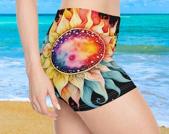 Boho Dark Sunflower Swimwear Shorts for Women for Beach, Cruise, Lake, Boat, Scuba Diving, Workout Yoga Shorts, Water Sports, Soft Stretchy