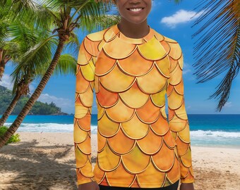 Orange Mermaid Women's Rash Guard, SPF 50+, Swimwear for Women, Rashguard, Scuba Diving, Beach, Cruise, Lake, Boat, Workout, Water Sports