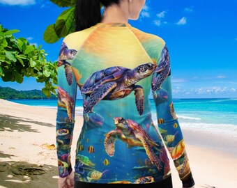 Sea Turtle Reef 1 Women's Rash Guard, SPF 50+, Swimwear for Women, Rashguard, Scuba Diving, Beach, Cruise, Lake, Boat, Workout, Water Sports