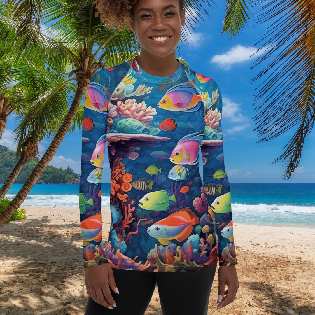 Fish Pattern Rash Guard Fishy Fishy Women's Rash Guard, SPF 50+, Swimwear for Women, Rashguard ...