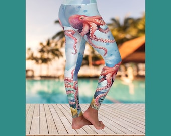 Op de afbeelding: Een blauwe en roze legging met een octopusprint. De legging is hoog getailleerd en heeft een aquareleffect.