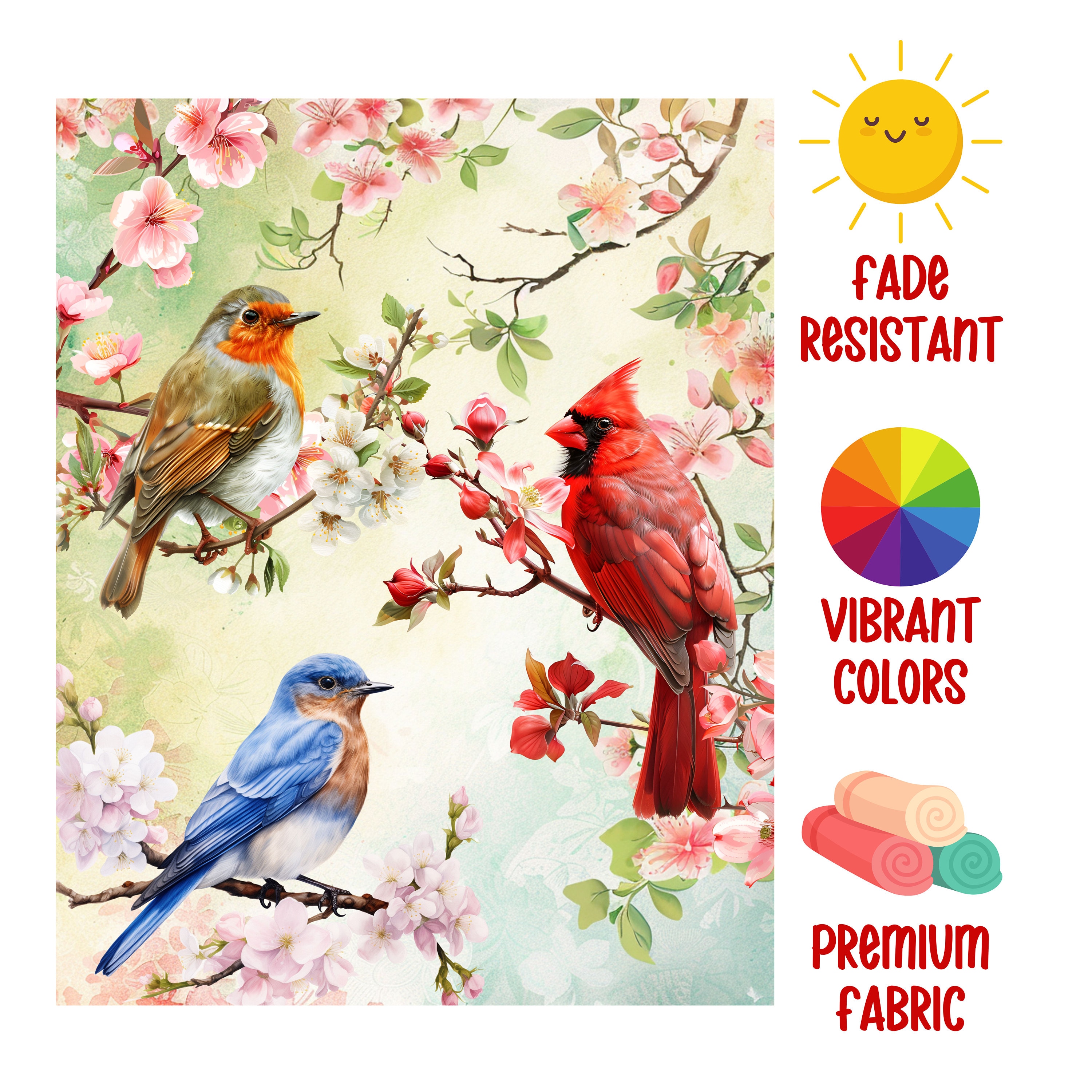 Bird Lovers Garden Flag: Robin, Bluebird, Cardinal, Spring Blossom