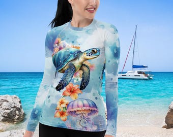 Sea Turtles Women's Rash Guard, SPF 50+, Swimwear for Women, Rashguard, Scuba Diving, Beach, Cruise, Lake, Boat, Workout, Water Sports