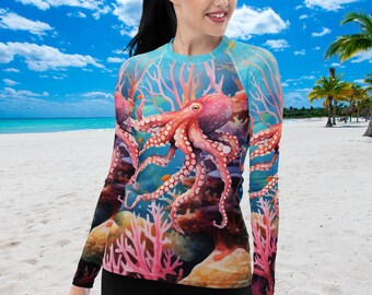 Octopus Coral 2 Women's Rash Guard, SPF 50+, Swimwear for Women, Rashguard, Scuba Diving, Beach, Cruise, Lake, Boat, Workout, Water Sports