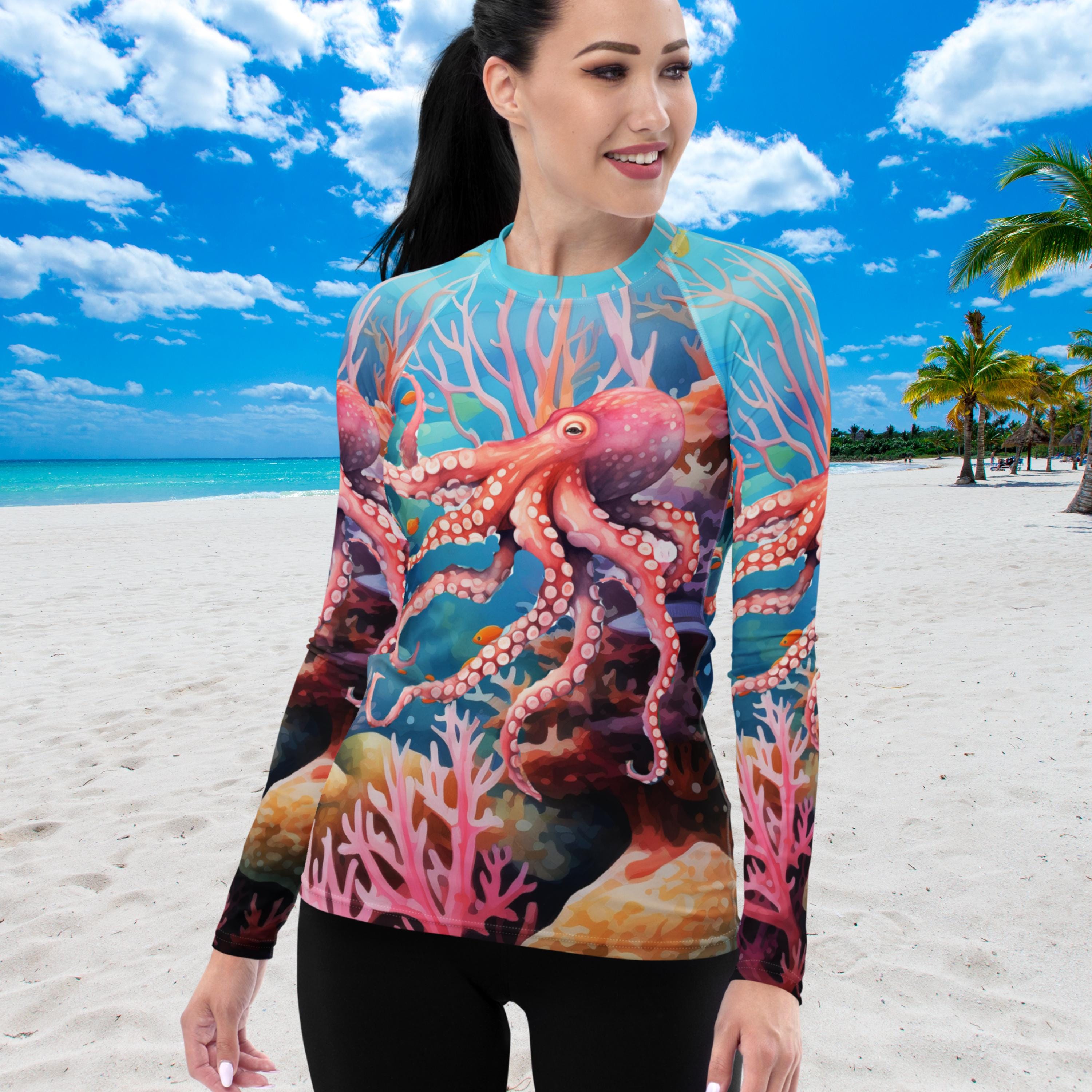 Octopus Rash Octopus Coral 2 Women's Rash Guard, SPF 50+, Swimwear for Women ...