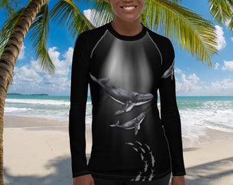 Mom & Baby Whale Women's Rash Guard, SPF 50+, Swimwear for Women, Rashguard, Scuba Diving, Beach, Cruise, Lake, Boat, Workout, Water Sports