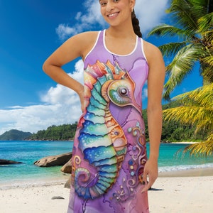 Robe débardeur dos nageur longueur genou hippocampe aquarelle pour femme, robe d&#39;été pour maillot de bain tenue de plage, robe t-shirt confortable