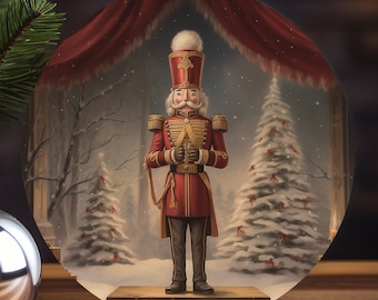 May include: A round Christmas ornament featuring a detailed illustration of a Nutcracker soldier standing in a snowy forest setting. The Nutcracker is wearing a red and gold uniform with a white hat and holding his hands together. The background includes a snowy forest with a Christmas tree and a red curtain.