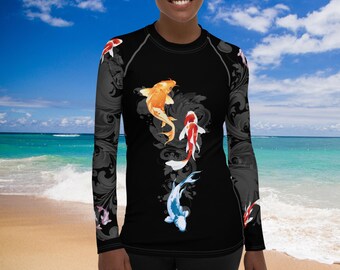 Midnight Koi Fish Women's Rash Guard, SPF 50+, Swimwear for Women, Rashguard, Scuba Diving, Beach, Cruise, Lake, Boat, Workout, Water Sports